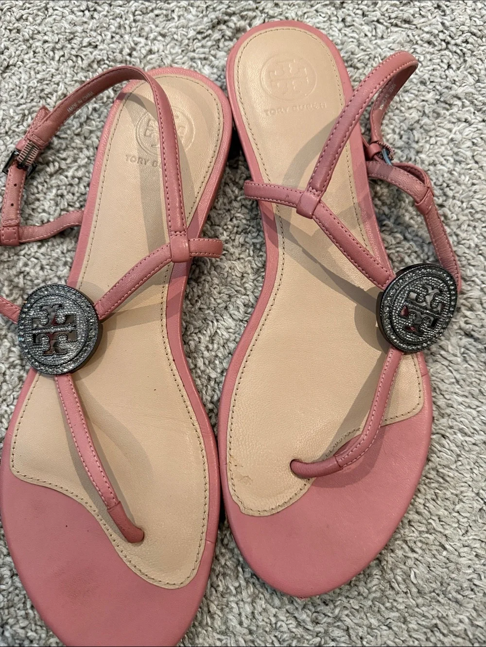 Tory Burch Pink Crystal Logo Thong Sandals